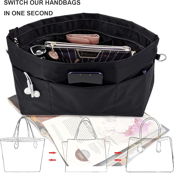 Handbag Tote Purse Organizer Insert, Medium, Black | Bag Divider Liner Shaper Separator in Bag with Zipper, 11 Pockets Compartments