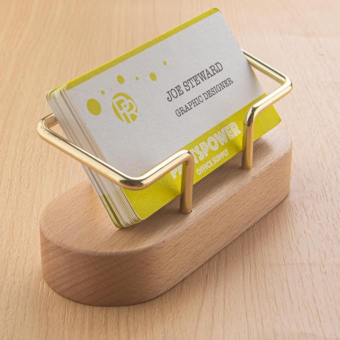 PARTSPOWER Wood Business Card Holder for Desk, Horizontal Wooden Business Name Card Display Stand, Desk Accessory Business Name Card Organizer (Beech Wood)