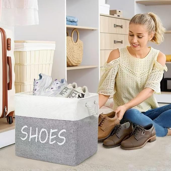 Large Fabric Shoe Basket,Flodable Shoe Storage Bin for Entryway,Hallway or Mudroom,Stylish Shoe Storage Container (Large-2 Pack)