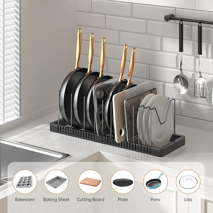 PanPanPal Pots and Pans Organizer under Cabinet, Expandable Pot Lid Organizer Holder with 12 Adjustable Compartment, Pan Organizers inside Cabinet for Lids, Bakeware, Kitchen Storage Pot Rack, Black