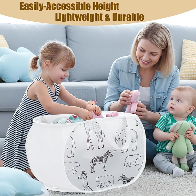 Collapsible Toy Box with Zipper Lid- Stuffed Animal Storage Basket White | Sturdy Foldable Toy Basket, Lightweight, Easy-Carry Handles, Space-Saving, Animal Print, for Kids Room, Playroom, Bedroom