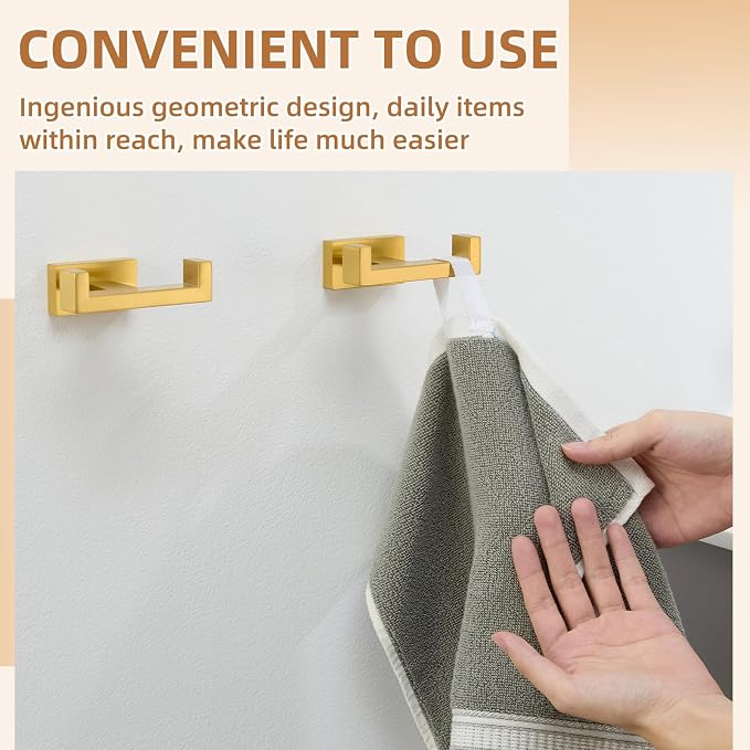APLusee Double Bath Towel Hook 2 Pack, Solid Stainless Steel Square Dual Coat Holder, Modern Bathroom Kitchen Storage Hanger Wall Mounted, Brushed Dark Gold