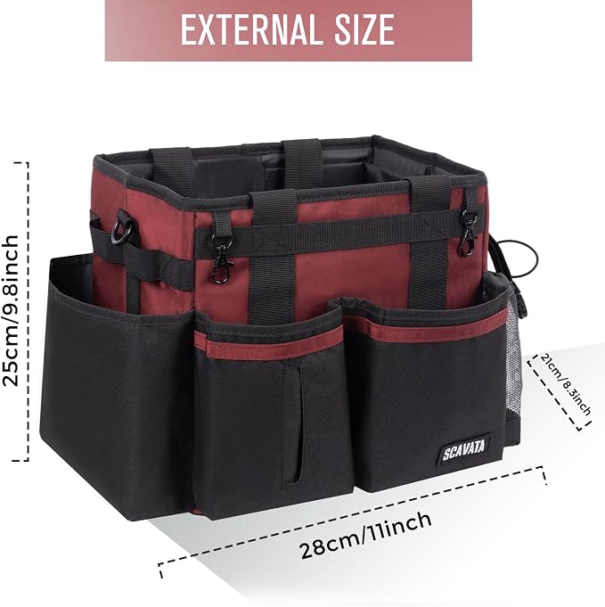 SCAVATA Compact Wearable Cleaning Caddy, Small Cleaning Caddy Supplies Organizer with Handle & Shoulder Straps for Housekeepers, Under Sink & Car Cleaning Tool Organizers Bag (AncoraRed)