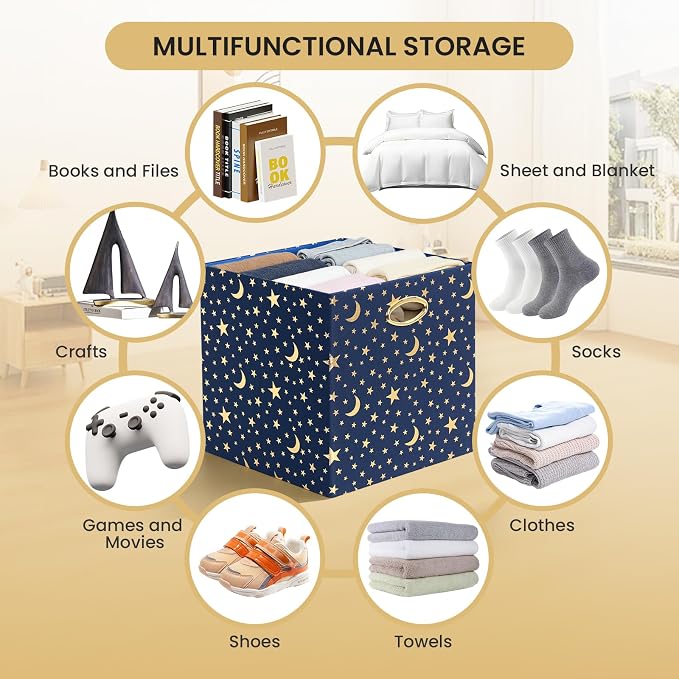 Posprica 13x13x13 Storage Cube Bins, Collapsible Storage Bins Fabric Storage Cubes Organizer Baskets Box Drawers for Shelves, Closet, Wardrobe, Bookshelf, Cabinet, Blue-Moonstar, 4 Pack