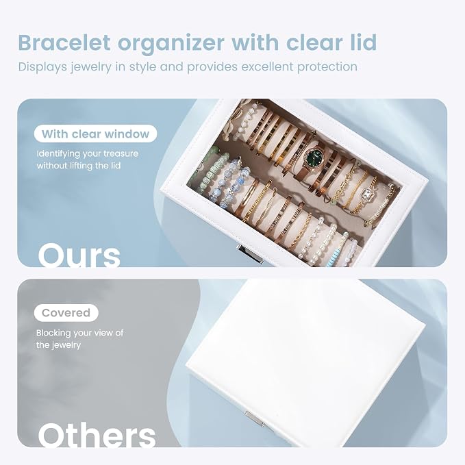 Lolalet Bracelet Display Holder with Rods for Bangles Watches, Clear Lid Jewelry Organizer Box Storage Case for Women Girls -White, 2 Rolls