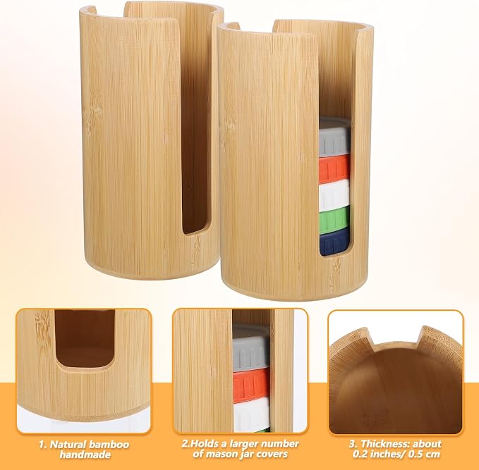 2Pcs Mason Jar Lid Organizer, Bamboo Vertical Storage Holder, Mason Jar Accessories, Bamboo Storage Holder for Home Kitchen Organization & Tumbler Lids (Wide Mouth)