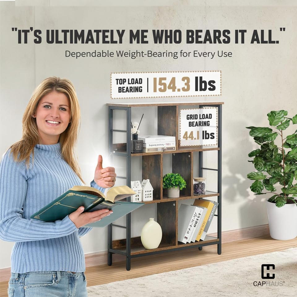 CAPHAUS 7 Cube Storage Organizer, 32” Wide 3 Tier Rustic Oak Industrial Open Shelf Bookcase, Display Shelf, Horizontal B