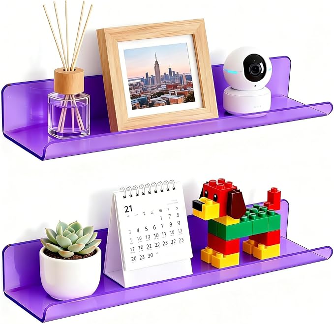 ROYALITA 2-Pack Acrylic Shelves Wall Mounted, 17 Inch Display Shelves | for Small Items Plants Organize Wall Shelves for Gaming Room, Bedroom, Living Room, Office, Purple