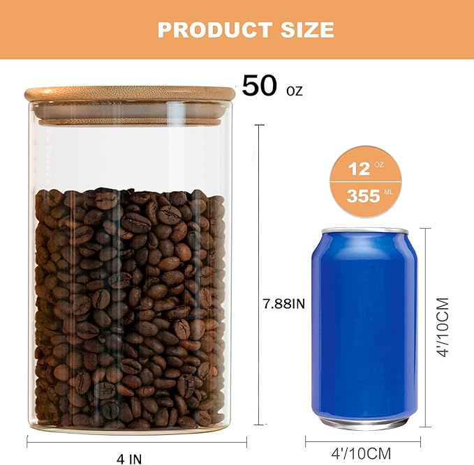 6 Pack 50oz Round Glass Food Storage Jars with Lids, Clear Airtight Containers for Coffee, Sugar, Flour, Spices, BPA-Free