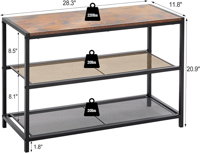 DUMOS 3-Tier Shoe Bench with Storage, Entryway, Mesh Shelves, Rustic Brown | Industrial style, 220 lb seating capacity, stores boots & sneakers, fits entryways & hallways