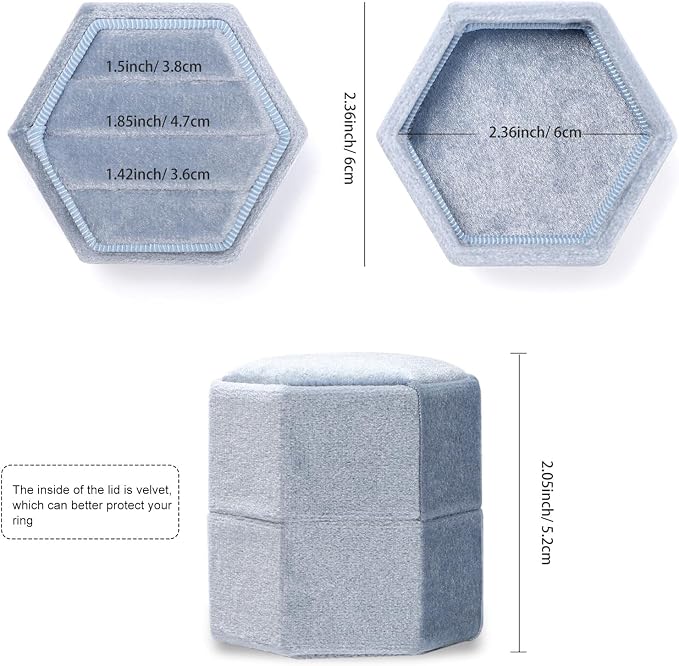 WantGor Velvet Jewelry Ring Box, 3 Slots Hexagon Ring Gift Box Ring Holder | Vintage Ring Display Case for Wedding Ceremony Proposal Engagement (Blue)
