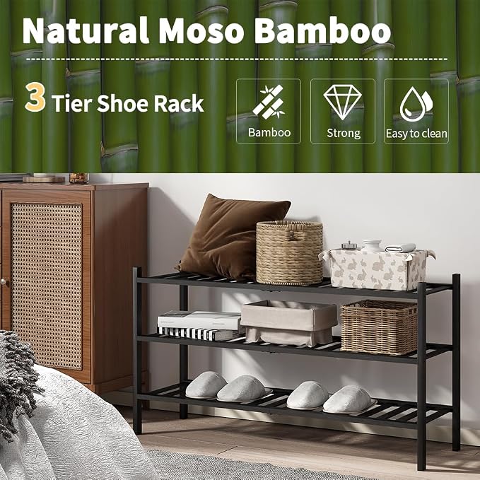 Long Shoe Rack, 3-Tier Bamboo Stackable Shoe Shelf Storage Organizer, Shoe Stand for Closet, Entryway and Hallway