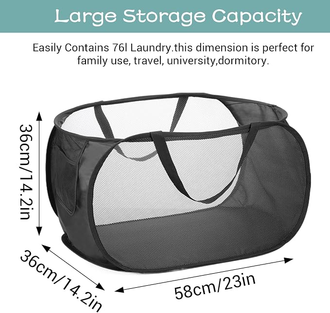 4 Pcs Popup Mesh Laundry Basket, Laundry Hamper with Side Pocket Foldable Storage Basket with Durable Handles for Bathroom Travel Dorm