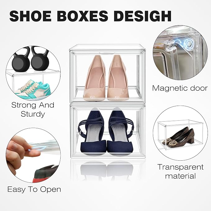 12 Pack Drop Front Acrylic Shoe Boxes with Magnetic Door Fit US Size 12, Clear Stackable Shoe Organizer for Closet, Entryway, Underbed, Multiple Display Cases for Hats, Figures, Sneakers
