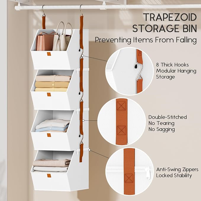 Homsorout Hanging Closet Organizer 4 Tier - Clothes Hanging Shelves, Space-Saving Closet System, Fabric Storage Bins Bedroom Organization, Collapsible Baskets for Home, Dorm, Rv, White, 8 Pack