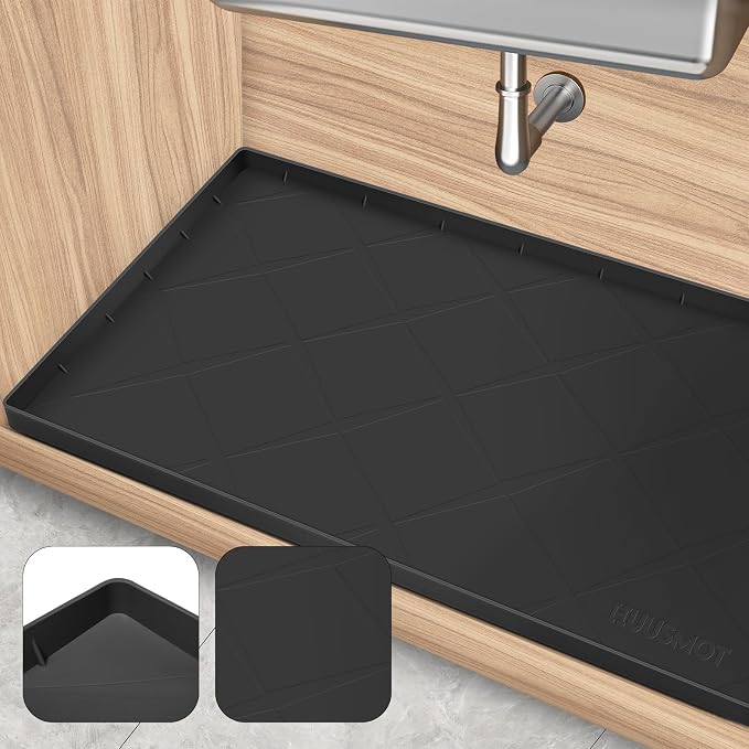 HUUSMOT Under Sink Mat 34" x 22", Extra Thick Waterproof Silicone Liner, Cabinet Protector Tray Organizer for Kitchen (Black)
