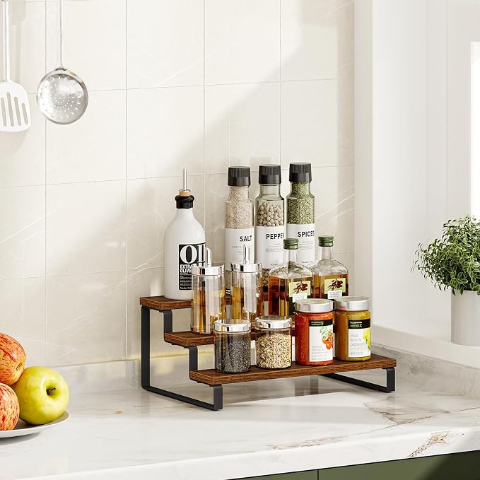 Giikin 3-Tier Spice Rack, 13.8 Inch Wood Step Shelf Countertop Spice Storage Holder, Kitchen Pantry Cabinet Organizer Cupboard for Spice Bottles, Jars, Seasonings, Baking Supplies, Metal Frame
