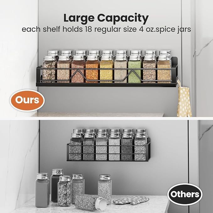 Mystozer 16.9 Inch Wide Large Capacity Magnetic Spice Rack for Refrigerator,6 Pack Metal Fridge Shelf Spice Rack Organizer Refrigerator Organizer Kitchen Spice Organizer Spice Storage(Black)