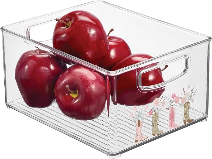 iDesign Bathroom Organizer Bin with Decorative Print - Stackable Plastic Storage Basket for Makeup & Vanity Organization - Clear