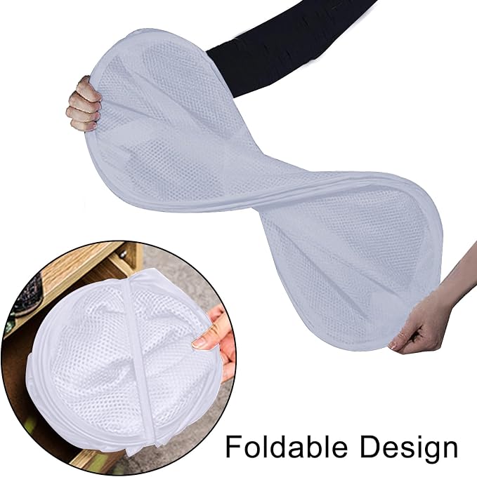 2 Pack Mesh Pop Up Laundry Baskets, Collapsible Laundry Hampers, Foldable Clothes Basket Storage Bins with Handles & Side Pocket for Cruise, Travel, Laundry Room, Dorm, Home (White)