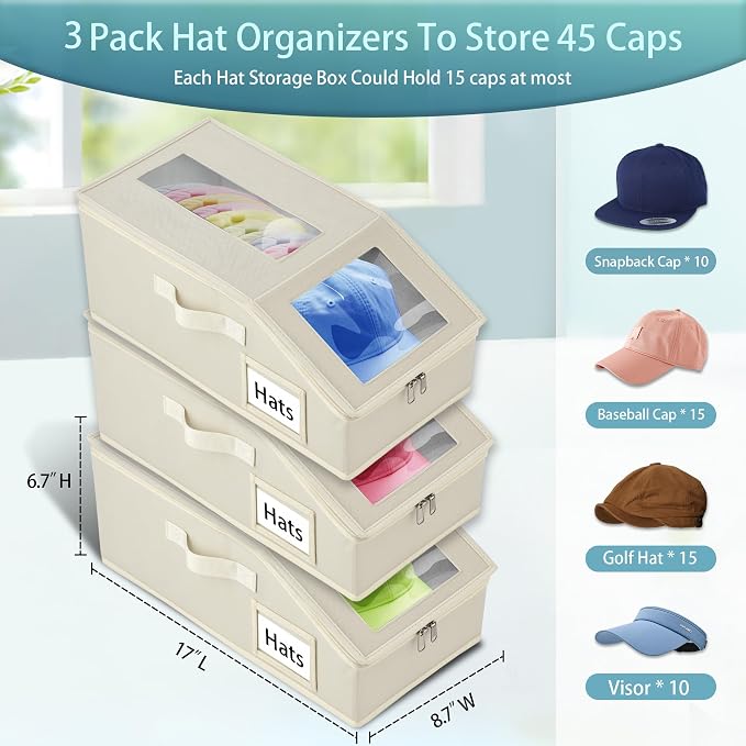 Hat Storage for Baseball Caps - 3 Pack Stackable Hat Organizer Boxes with Clear Window, Breathable Hat Storage for Closet, Space-Saving Fits 45 Caps, Flip-Top Access for Women/Men (Beige)