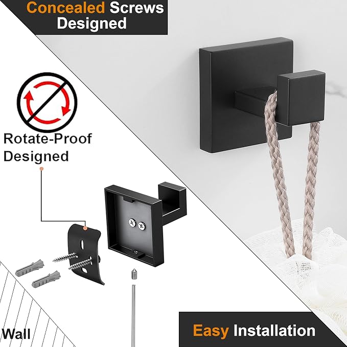 Nolimas Towel Hook Stainless Steel Bathroom Rustproof Clothes Towel Coat Hook Wall Mounted Square Toilet Kitchen, Heavy Duty Door Hanger, 4 Pack, Matte Black