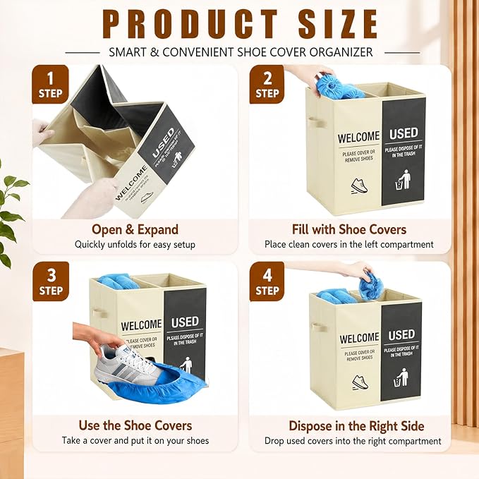 Shoe Cover Box with Door Hanging Sign – Foldable Double Compartment Storage Bin, Freestanding Dispenser Organizer for Home, Office, Entryway (Beige Gray)
