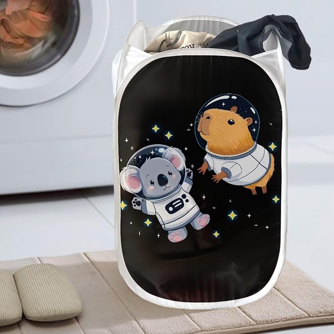 AFPANQZ Mesh Popup Laundry Hamper Large Collapsible Laundry Basket Width Side with Pocket, Capybara Koala Foldable Clothes Hamper for Collage Dorms Kids Rooms Travel Save Place 61L