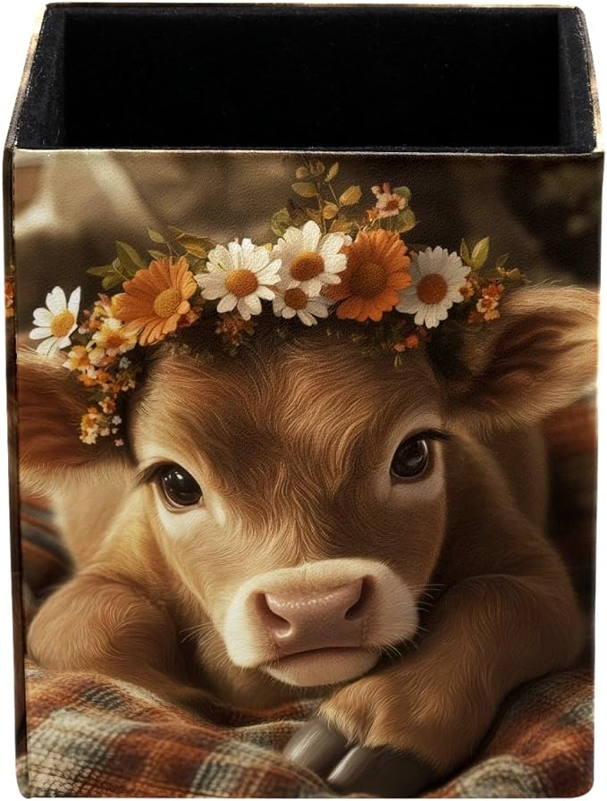 Pen Holder for Desk, Baby Cow Flowers Pencil Holder, Pen Cup Functional Desk Organizer for Office Supplies