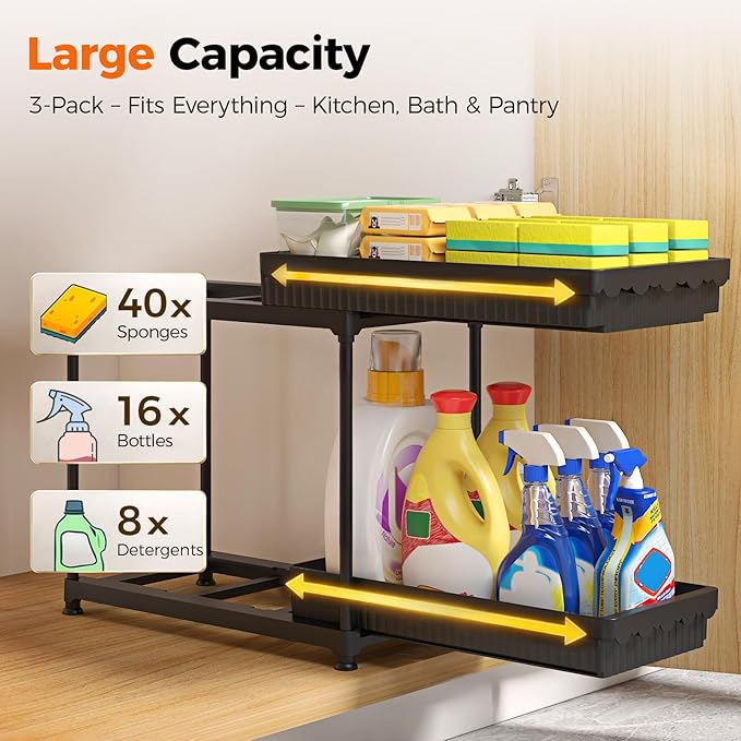 Sevenblue 3-Pack 2-Tier Under Sink Organizers with Sliding Drawers | Multi-use kitchen & bathroom storage, 12.8 inch 2-Tier Sliding cabinet organizer, space-saving sliding drawer design.
