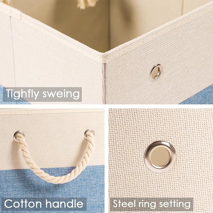 PRANDOM Large Foldable Cube Storage Bins 11x11 inch [4-Pack] Fabric Linen Storage Baskets Cubes Drawer with Cotton Handles Organizer for Shelves Nursery Closet Bedroom Beige/Blue
