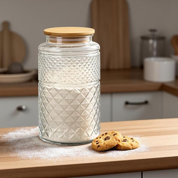Prettidecor 1 Gallon Large Airtight Glass Storage Jars with Bamboo Lid, Kitchen Pantry Bathroom Laundry Room Organizer Canisters for Flour, Sugar, Cookie, Pasta, Rice, Snack, Coffee Bean, Cereal