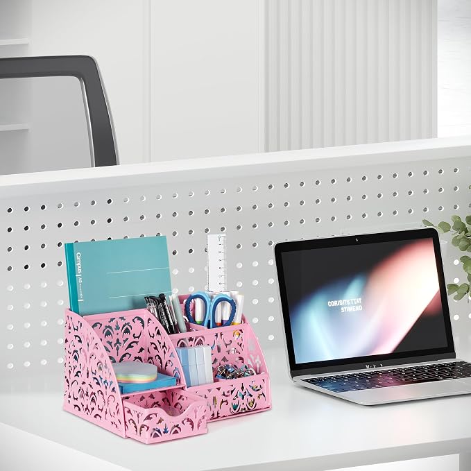 EasyPAG Desk Organizer and Pen Holder for Desk, Mesh Office Supplies Storage Caddy with Drawer for Small Space, Desktop Organizer for Home Office, Pink