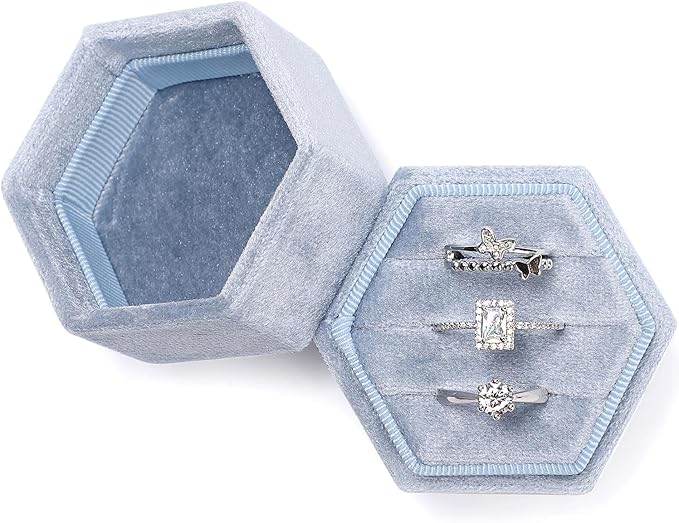 WantGor Velvet Jewelry Ring Box, 3 Slots Hexagon Ring Gift Box Ring Holder | Vintage Ring Display Case for Wedding Ceremony Proposal Engagement (Blue)
