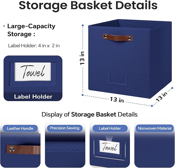 FinishingBo 6-Pack Storage Cubes with Handles & Label Holders Basket, Closet Cube Home Organizer Bins(Blue, 13 x 13 x 13 inch)