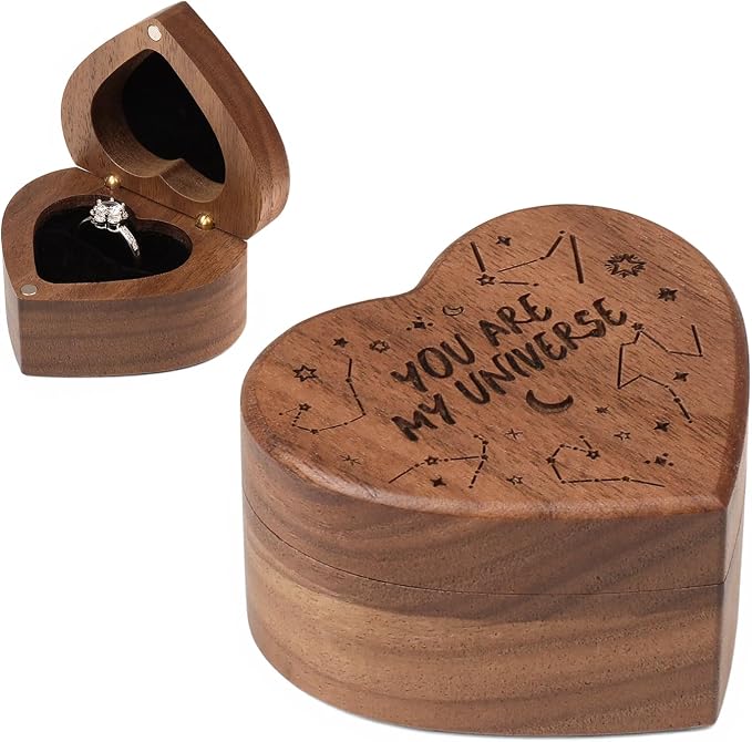 Engagement Proposal Ring Box Secret Slim Engraved Wooden Heart Case | Engrave"You are my universe", Walnut Wood Ring Bearer Box Jewelry Storage Holder Display for Wedding Ceremony Commemoration