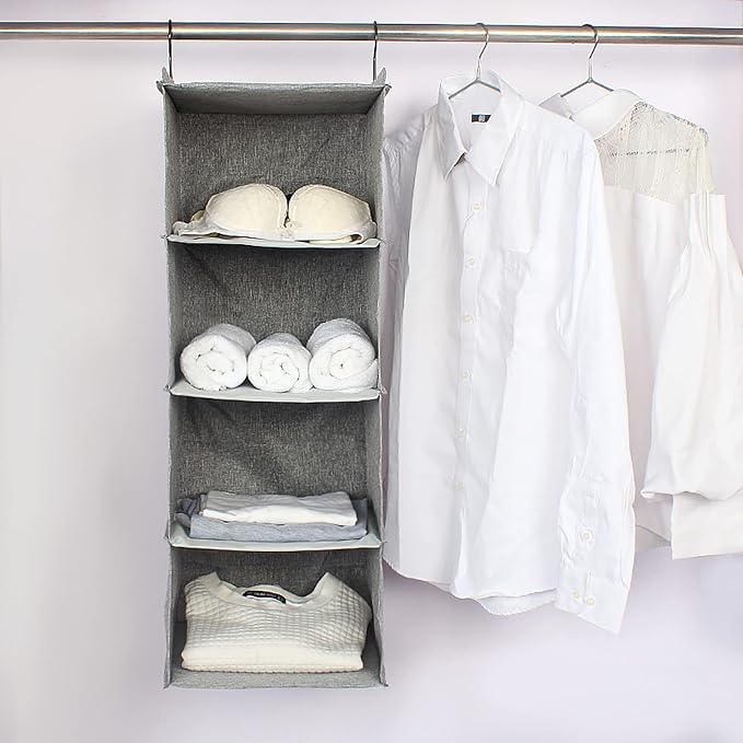 Hanging Closet Organizer 4-Shelf, Oxford Linen Wardrobe Storage, Gray | Easy-mount foldable design holds clothes, handbags, shoes & accessories; washable Oxford fabric, sturdy and space-saving.