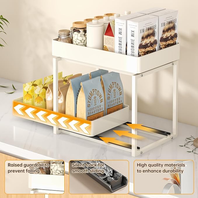 2 Tier Pull Out Cabinet Organizer with Sliding Basket Bathroom Cabinet Organizer, Bathroom Kitchen Multi-Purpose Under Sink Organizer and Storage Cabinet in Metal 1 pack