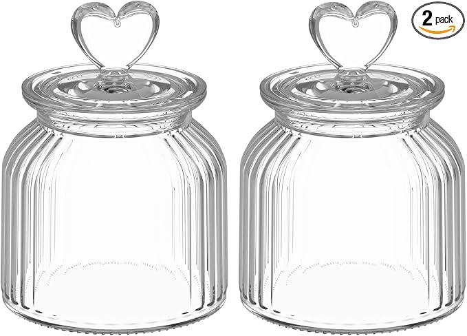 22 oz Clear Glass Canister with Cute Heart shaped Lids Set, Food Storage Glass Jars with Airtight Lids for Kitchen and Dining Room, Stripe/Set of 2