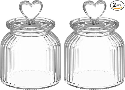 22 oz Clear Glass Canister with Cute Heart shaped Lids Set, Food Storage Glass Jars with Airtight Lids for Kitchen and Dining Room, Stripe/Set of 2
