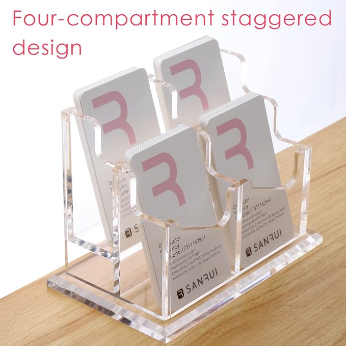 SANRUI Vertical Business Card Holder for Desk，Clear Acrylic Business Card Display Stand，4 Slots 2 Tier ，Holds 200 Cards