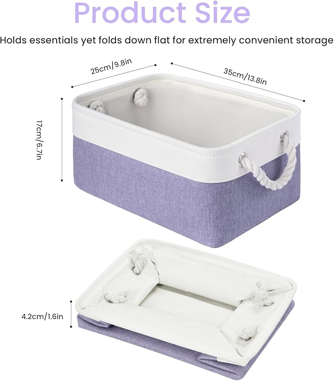 Storage Baskets for Shelves 13.8x9.8x6.7 Inch, Foldable Fabric Storage Bins with Handles, Small Storage Baskets for Organizing Closet, Office, Home Organization (3-Pack, White&Purple)