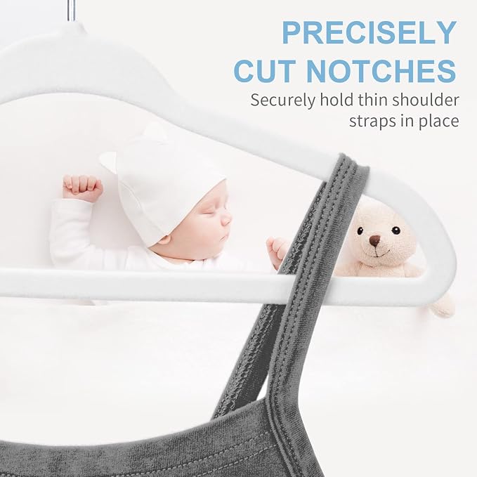 White Velvet Kids Hangers 50 Pack - 11" Ultra Thin Non-Slip Clothes Hangers for Baby/Toddler/Daycare | 360° Rotating Hooks, Space-Saving Nursery Organization