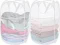 2 Pack Mesh Pop Up Laundry Baskets, Collapsible Laundry Hampers, Foldable Clothes Basket Storage Bins with Handles & Side Pocket for Cruise, Travel, Laundry Room, Dorm, Home (White)