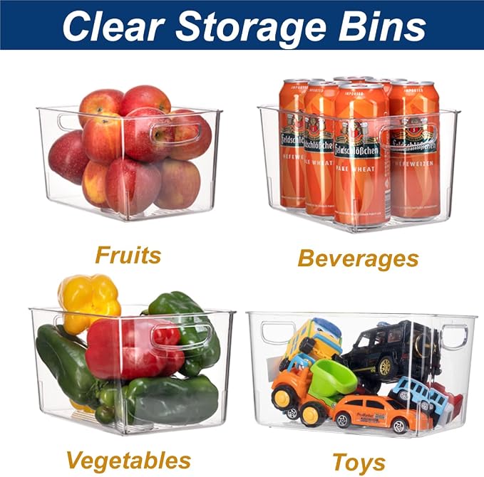 Set Of 8 Clear Pantry Organizer Bins - Plastic Stackable Fridge Organizer Bins For Kitchen, Cabinet And Countertops - BPA Free (4 Small & 4 Large)