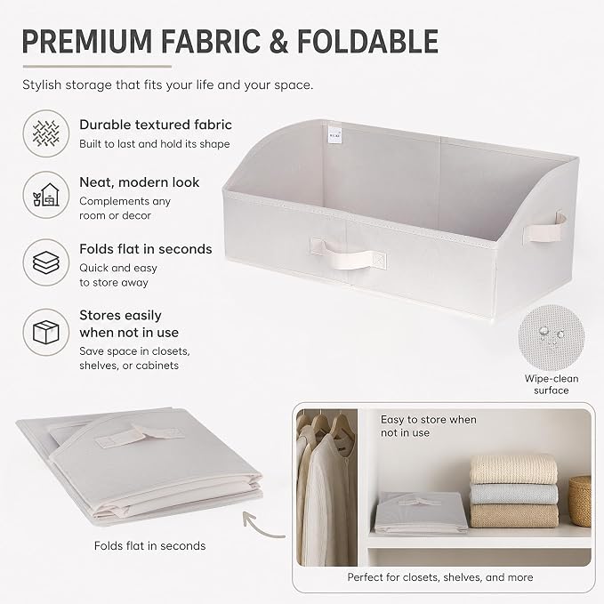 WUIKE Trapezoid Closet Storage Bins with Handles, White & Beige, 3 Pack | 19.5"L x 11"W x 8"H, Sturdy Fabric Construction, Home Storage for Handbags, Clothes, Towels, Wardrobes, and Living Rooms