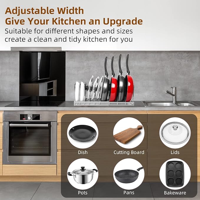 ROOHUA Pot Rack Organizer -Expandable Pot and Pan Organizer for Cabinet,Pot Lid Organizer Holder with 10 Adjustable Compartment for Kitchen Cabinet Cookware Baking Frying Rack Grey