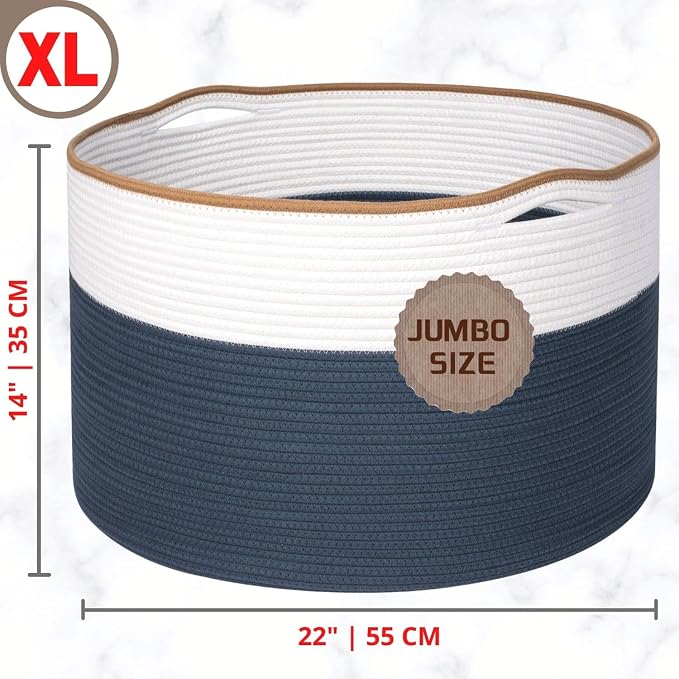 MINTWOOD Design Extra Large 22 x 14 Inches Decorative Woven Cotton Rope Blanket Storage Basket Bin Living Room and Laundry Hamper for Pillows, Pool Towels, Dog Toys, Shoes, Prussian Blue
