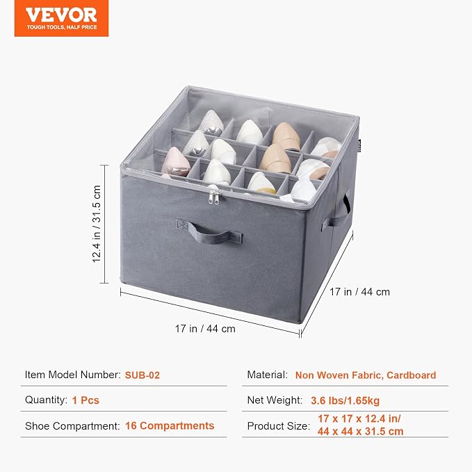 VEVOR Under Bed Shoe Storage Organizer, 1 Pack, 16 Compartments, Underbed Shoe Box Storage Containers Adjustable Dividers, Sandal Organizer Storage with Clear Window, Breathable, Reinforced Handles