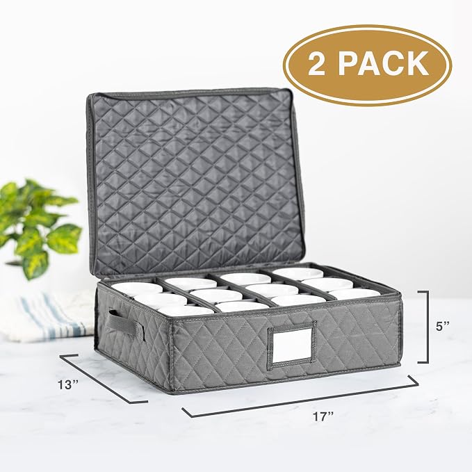 2 Pack - China Cup Storage Chests Hold 24 Coffee Cups or Mugs – Stackable Glassware Organizer with Customizable Dividers and Inner Case for Extra Protection – Gray